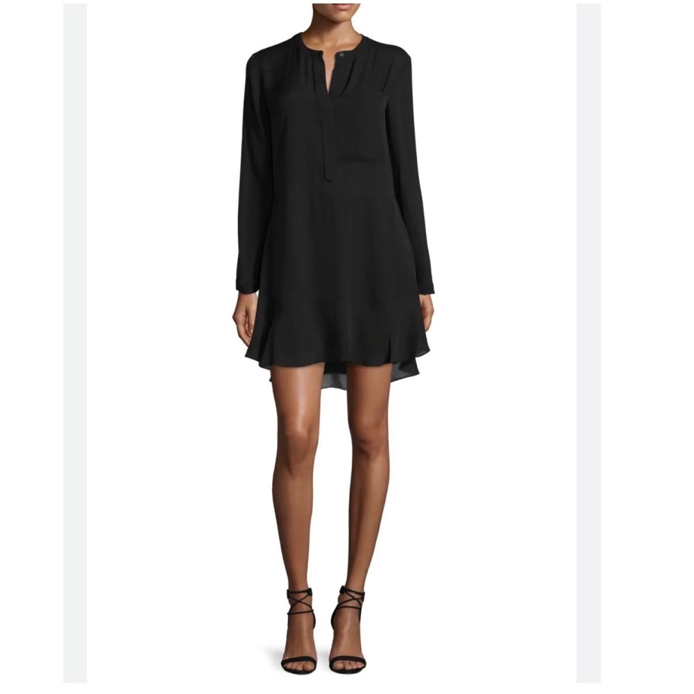 J14 A.L.C. Montana Long-Sleeve Silk Flounce Dress‎ Raisin Black Ruffle Pocket